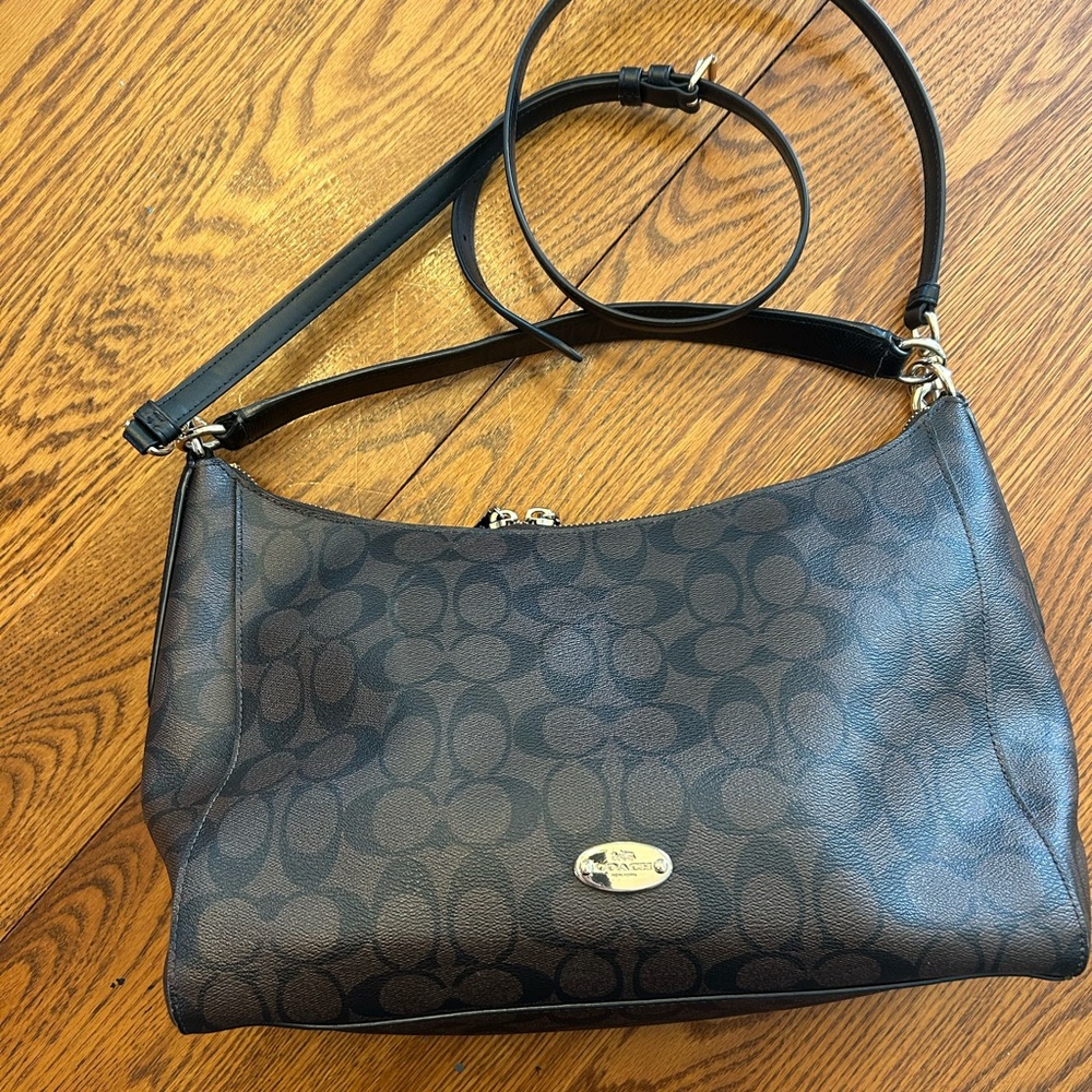 Coach Brown Signature Canvas Shoulder Bag with Black Strap - Picture 3 of 4